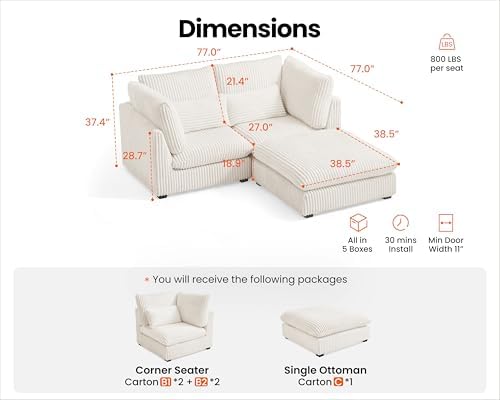 77" Oversized Corduroy Modular Sectional Sofa Couches - Image 2