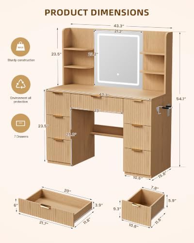 LIVELYGLOW 43" Large Natural Wood Makeup Vanity Desk - Image 4