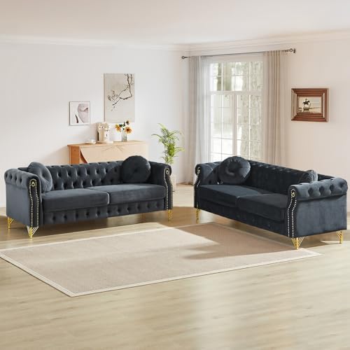 JEEOHEY 2 Pieces Mid Century Modern Chesterfield Sofa Set, Upholstered Button by JEEOHEY