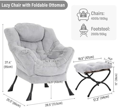 Furlide Lazy Chair with Ottoman, Comfy Plush Reading Chair - Image 2
