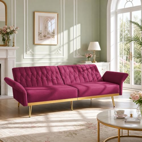 70” Velvet Futon Sofa Bed w/Adjustable Armrests - Image 2