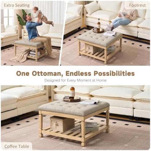 Befurtori Ottoman with Storage Bench, Linen Ottoman Coffee Table Gray Linen - Image 4
