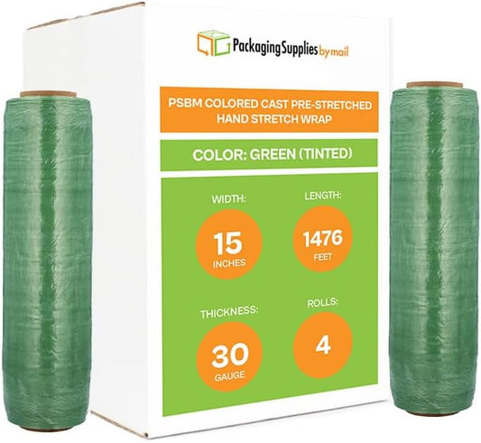 PSBM Green Stretch Wrap, 15 Inch x 1476 Feet, 4 Pack, Tinted Pre-Stretched Shrink Wrap Film for Moving, Packaging, Pallet Wrapping