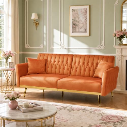 70” Velvet Futon Sofa Bed w/Adjustable Armrests - Image 2