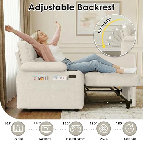 58'' Convertible Sofa Bed with USB Charger and Cup Holders, Teddy Fabric - Image 3
