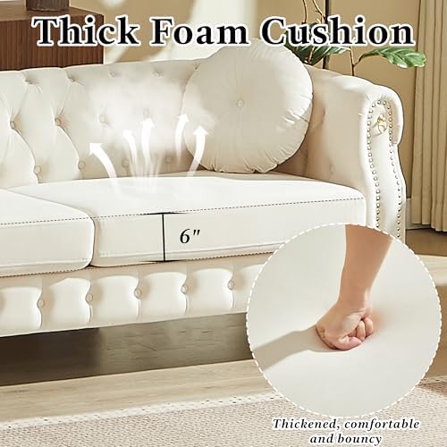 82" Beige 3-Seater Velvet Chesterfield Sofa - Image 6