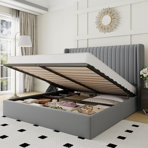Allewie Queen Size Lift Up Storage Bed Frame Channel Tufted Headboard Grey by Allewie