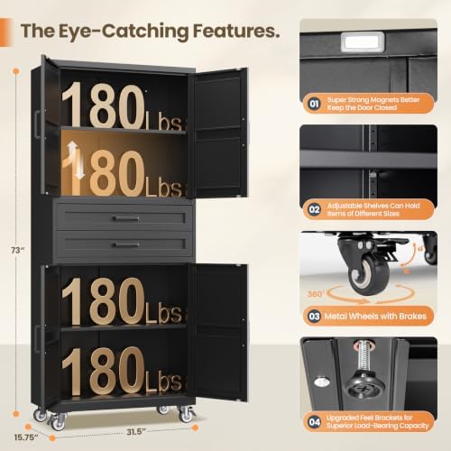 Black Metal Garage Storage Cabinet Rolling Kitchen Storage Pantry Cabinet - Image 3