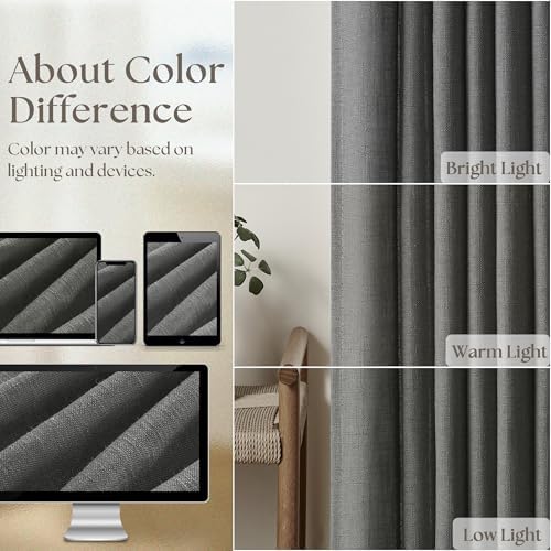 Charcoal Gray Linen Pinch Pleat Semi Sheer 108 Inch Curtains 2 Panels Set - Image 4