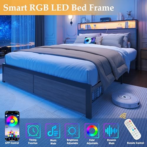 Full Bed Frame with Charging Station, LED Lights, 2 Drawers, Rustic Grey - Image 5