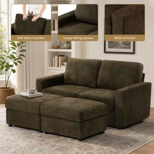 69” Chenille Loveseat Couch W/Two Movable Ottoman - Image 7