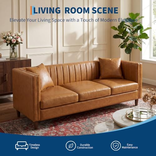 Garvee 81'' Cognac Tan Faux Leather Couch - Image 6