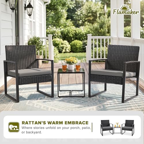 Flamaker 3 Pieces Patio Furniture Set Outdoor Wicker Bistro Chair - Image 2
