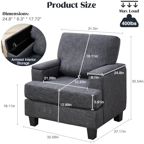 Accent Chairs Set of 2 with Armrest Storage, Modern Upholstered Reading Living - Image 2