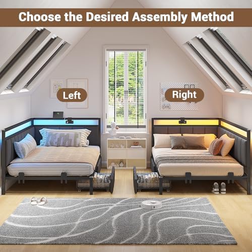 Hasuit Corner Bed Frame with Storage Drawers, Twin Daybed with Line Fabric - Image 3