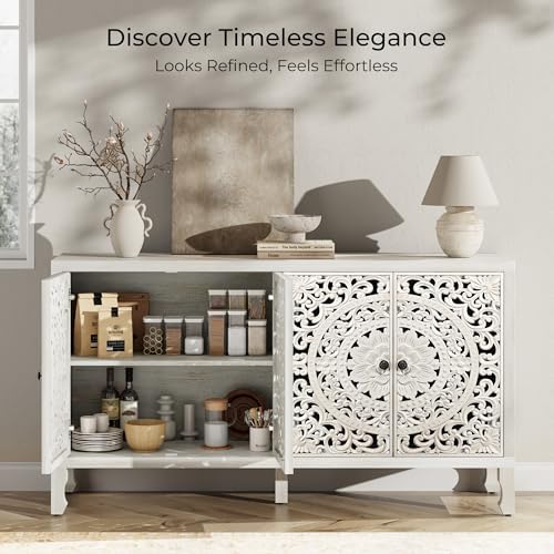 Buffet Cabinet with Storage, Accent Cabinet with 4 Carved Doors, Solid Wood - Image 5