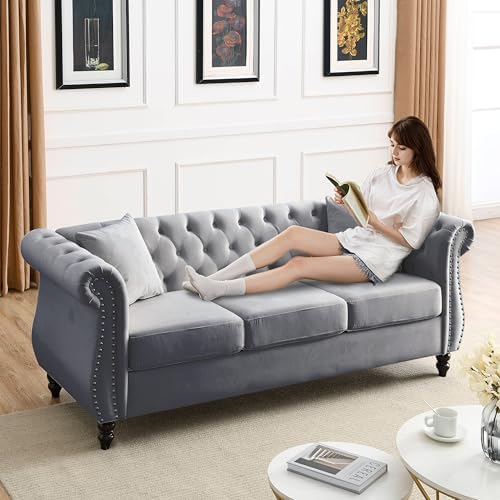 2 Piece Modern Grey Velvet 80" 3-Seater Sofa Sets, Upholstered Tufted Backrests - Image 6