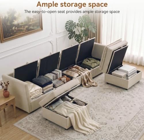 105" Beige Faux Leather Storage 4 Seater Sofa - Image 3