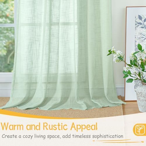 Light Green Linen Semi Sheer Curtains 40 Inch Length - Image 5