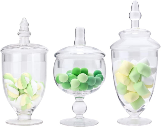 Set of 3 Apothecary Jar Glass, Glass Apothecary Jars with Lids, Clear Candy Jars for Candy Buffet, Decorative Jar for Display, Party and Wedding, Elegant Candy Canisters Set