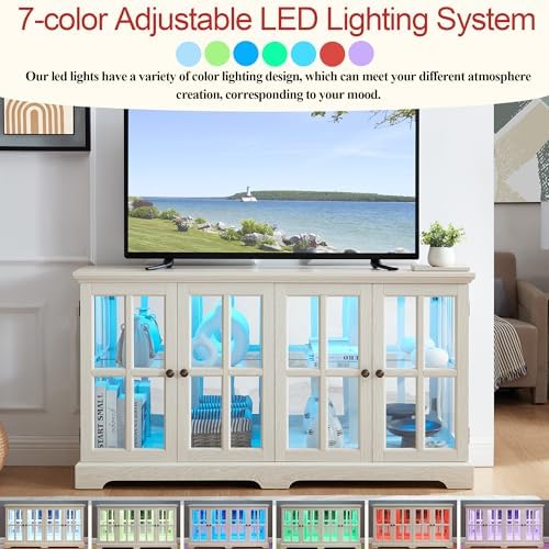 59" Glass Curio Display Storage Cabinet, 4 Doors LED Light Multipurpose - Image 5