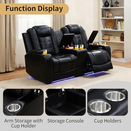 Power Recliner Sofa with LED Lights, Leather Reclining Loveseat with Double - Image 3