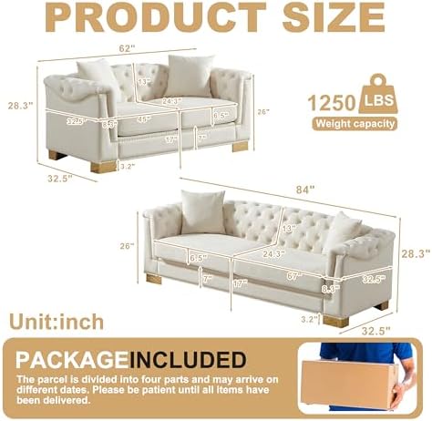 2 Pieces Chesterfield 84" 3-Seater + 62" Loveseat Beige Velvet Sofa Sets - Image 2