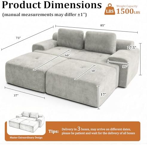 85" Oversized Boneless Couch, Comfort Cloud Sectional Couches - Image 2