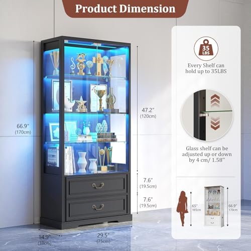 TAGELIER Display Cabinet with Glass Doors and LED Lights, 2 Drawers - Image 2