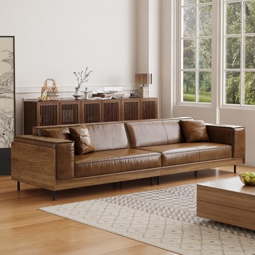 Mid-Century Modern PU Leather Sofa, 110.24" Brown Cloud Couch by Gaoyangjiaju