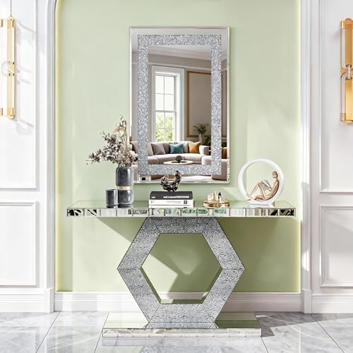 Hexagon Silver Mirrored Console Table and Wall Mirror Set, 2 Piece Silver by Unknown
