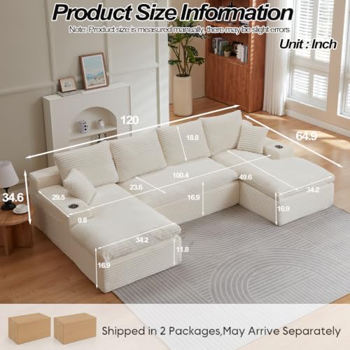 120" Modular Sectional Sofa, U Shaped Boneless Cloud Couch Beige - Image 2