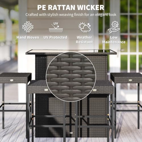 Outsunny 5 Piece Wicker Outdoor Bar Set High Top Table Chairs Dark Brown - Image 5