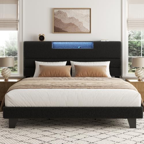 King Bed Frame with Charging, LED Boucle Platform Bed, Dark Grey by VIPLOV