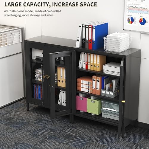 Black Metal Bathroom Glass Storage Cabinet, 2 Doors - Image 4