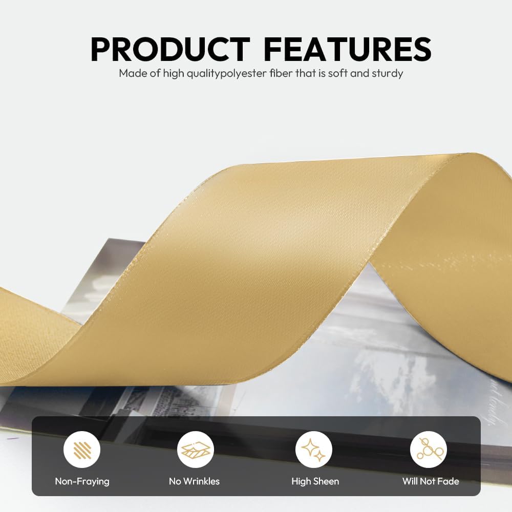 1-1/2 Inch 100 Yards Satin Ribbon Light Gold, Solid Color Fabric Ribbon for Gift Wrapping, Wedding, Polyester Gift Ribbon for Birthday Party Decoration, Craft, Hair, Floral, Sewing