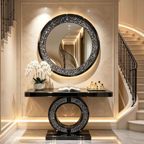 Mirrored Console Table & Round Wall Mirror Set, 42.9" Black - Image 3
