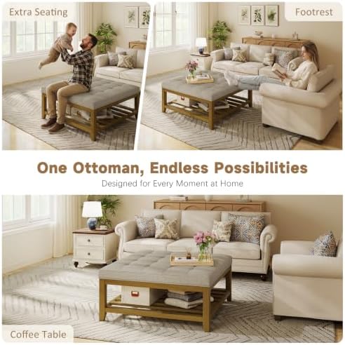 Befurtori Ottoman with Storage Bench, Linen Ottoman Coffee Table Gray Linen - Image 4