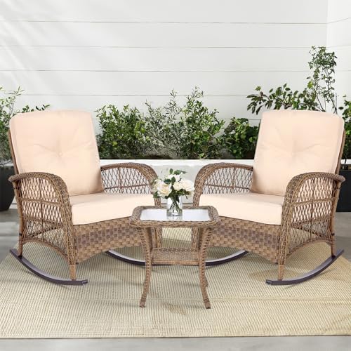 MEETWARM 3 Pieces Outdoor Wicker Rocking Chair Set, Rattan Patio Rocker Chairs by MEETWARM