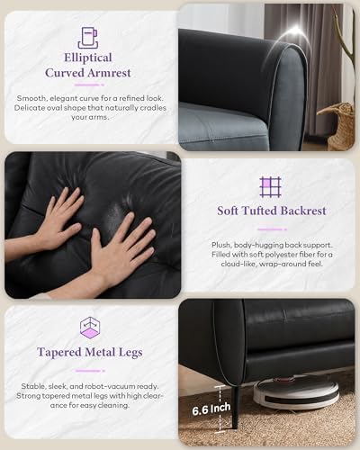 61'' Black Faux Leather Loveseat, Small Tufted Couch - Image 6