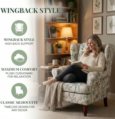 Mid Century Wingback Accent Chairs Set of 2 Floral Bird - Image 7