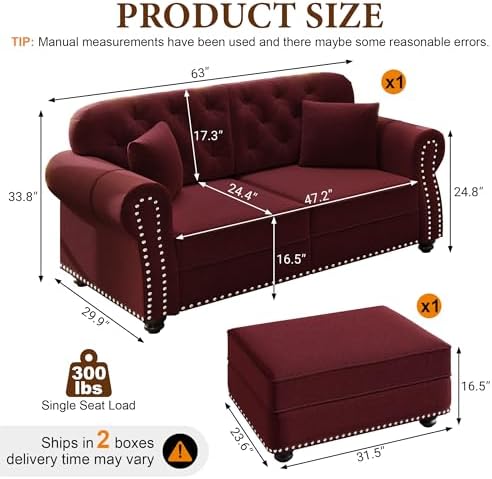 63" Velvet Chesterfield Loveseat Sofa - Image 2