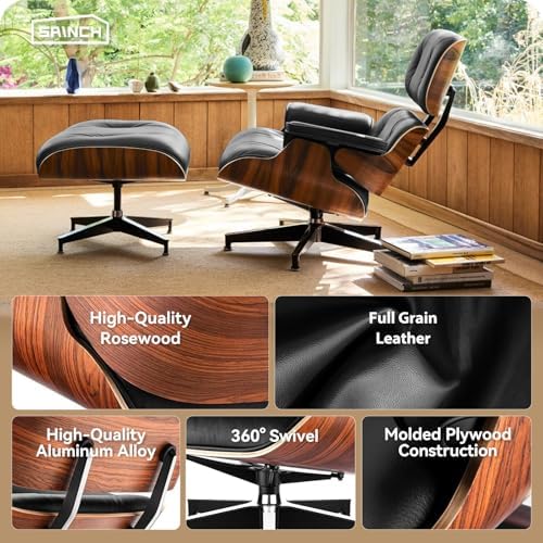 Top Black Grain Leather, Mid Century Chaise Lounge Chair and Ottoman, Modern - Image 6
