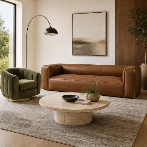 2-Piece Living Room Set, Genuine Leather Sofa + Swivel Chair by Alyncasa