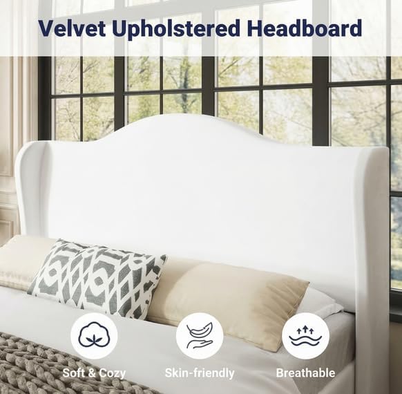 Allewie Queen Size Bed Frame, Plush Velvet Wingback, Modern Style - Image 4