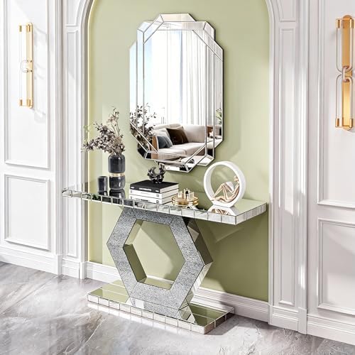 Hexagon Silver Mirrored Console Table and Wall Mirror Set, 2 Piece Silver - Image 4