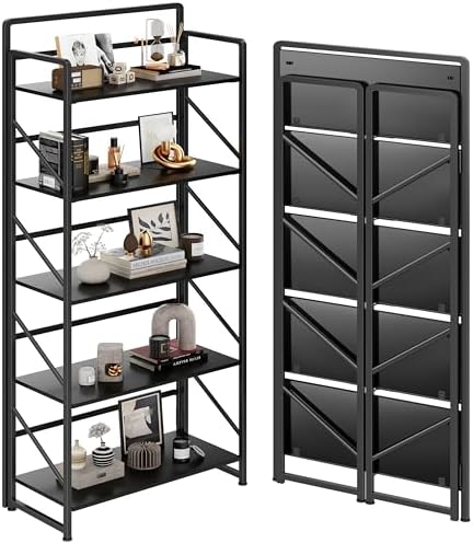 JSB No Assembly Folding Bookshelf, 5 Tier Industrial Metal Book Shelf by HomeFurniture