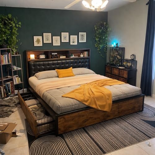 EnHomee Queen Bed Frame with 4 Drawers & Charge Station, Vintage Brown - Image 5