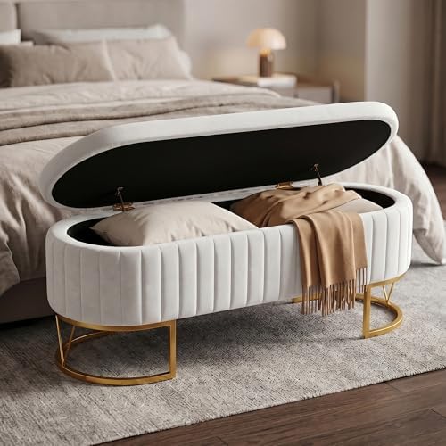 Storage Bench Bedroom Bench, Velvet Oval Upholstered End of Bed Bench by DRKAT