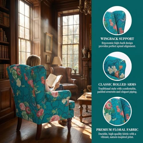 Mid Century Wingback Accent Chair Floral Cyan - Image 3